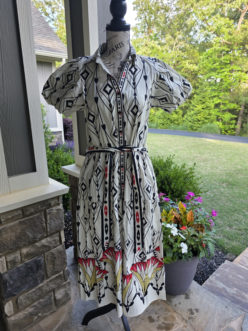 White & Black Geometric Midi Dress with Red Accent